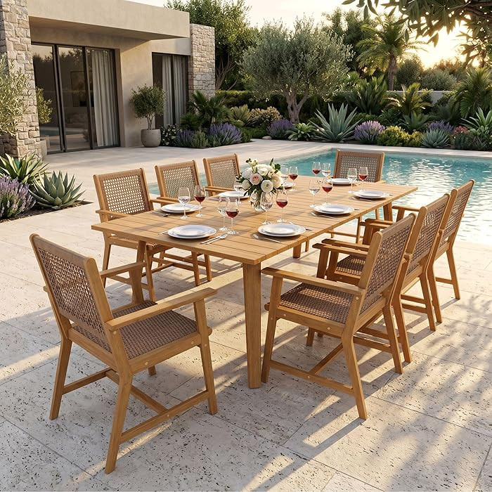 Sophia & William Outdoor Dining Set, Patio Furniture Set with Table and Chairs Set Wooden, Rattan Furniture Set of 8 Chairs and 1 Acacia Wood Rectangular Table for Yard, Garden, Porch and Poolside | Amazon (US)