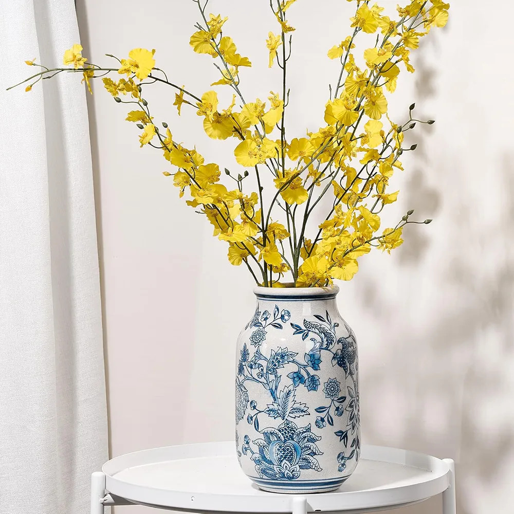 SIDUCAL Blue and White Vintage Vase, 9.4 Inch Ceramic Chinoiserie Floral Vase, Retro Ice Cracked ... | Amazon (US)