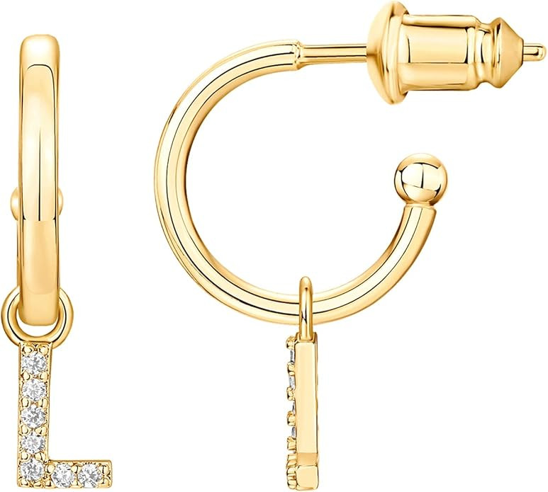 PAVOI 14K Gold Plated 925 Sterling Silver Post Huggie Earring with Initial Dangle - CZ Huggie Hoo... | Amazon (US)