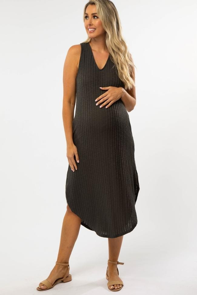 Charcoal Ribbed V-Neck Round Hem Maternity Midi Dress | PinkBlush Maternity