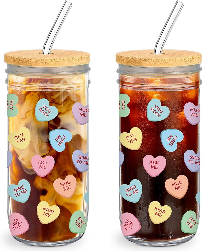 Skylety 2 Set 24 oz Candy Conversation Valentines Day Cups Gifts Iced Coffee Cups with Bamboo Lid... | Amazon (US)