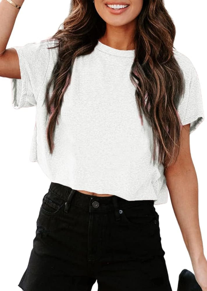 UNCLECAT Women's Cropped T Shirts Trendy Short Sleeve Crew Neck Crop Tops Solid Basic Tee | Amazon (US)