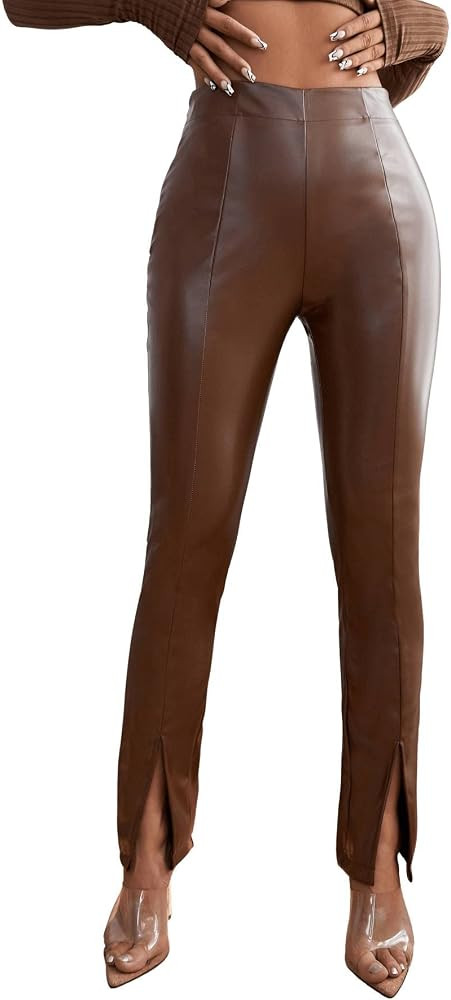 MakeMeChic Women's Faux Leather High Waist Split PU Leather Skinny Pants | Amazon (US)