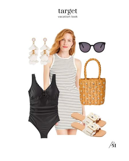 Can't believe this whole look is from Target. It is so chic with this black and white striped dress and classic black swimsuit. These dangly floral earrings and buckle sandals are perfect for the beach. Also need this bedazzled straw tote. 

#LTKtravel #LTKswim #LTKfindsunder50