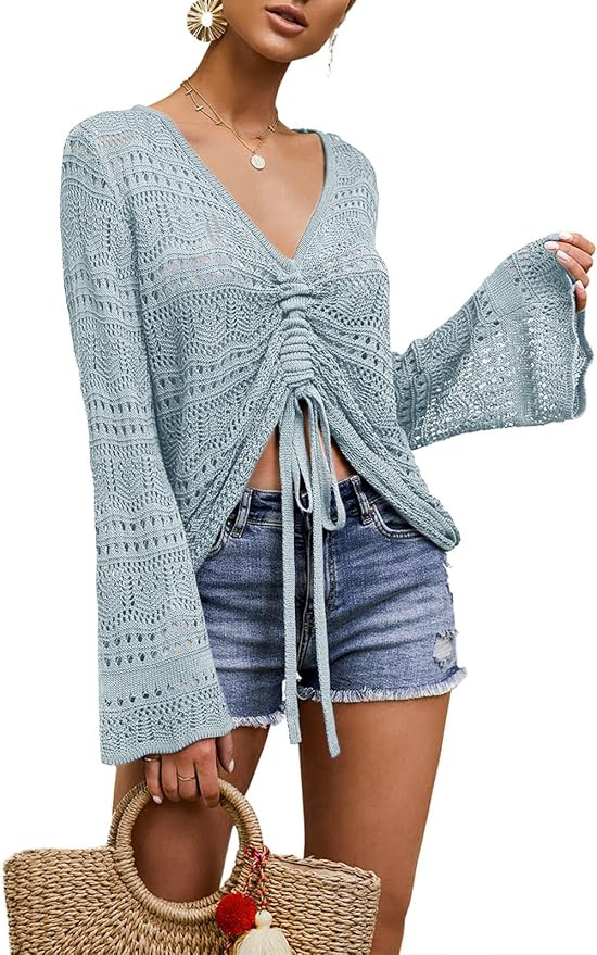 Saodimallsu Womens Boho Off Shoulder Sheer Crop Tops Crochet Flowy Sweaters | Boho Tops, Off Shou... | Amazon (US)