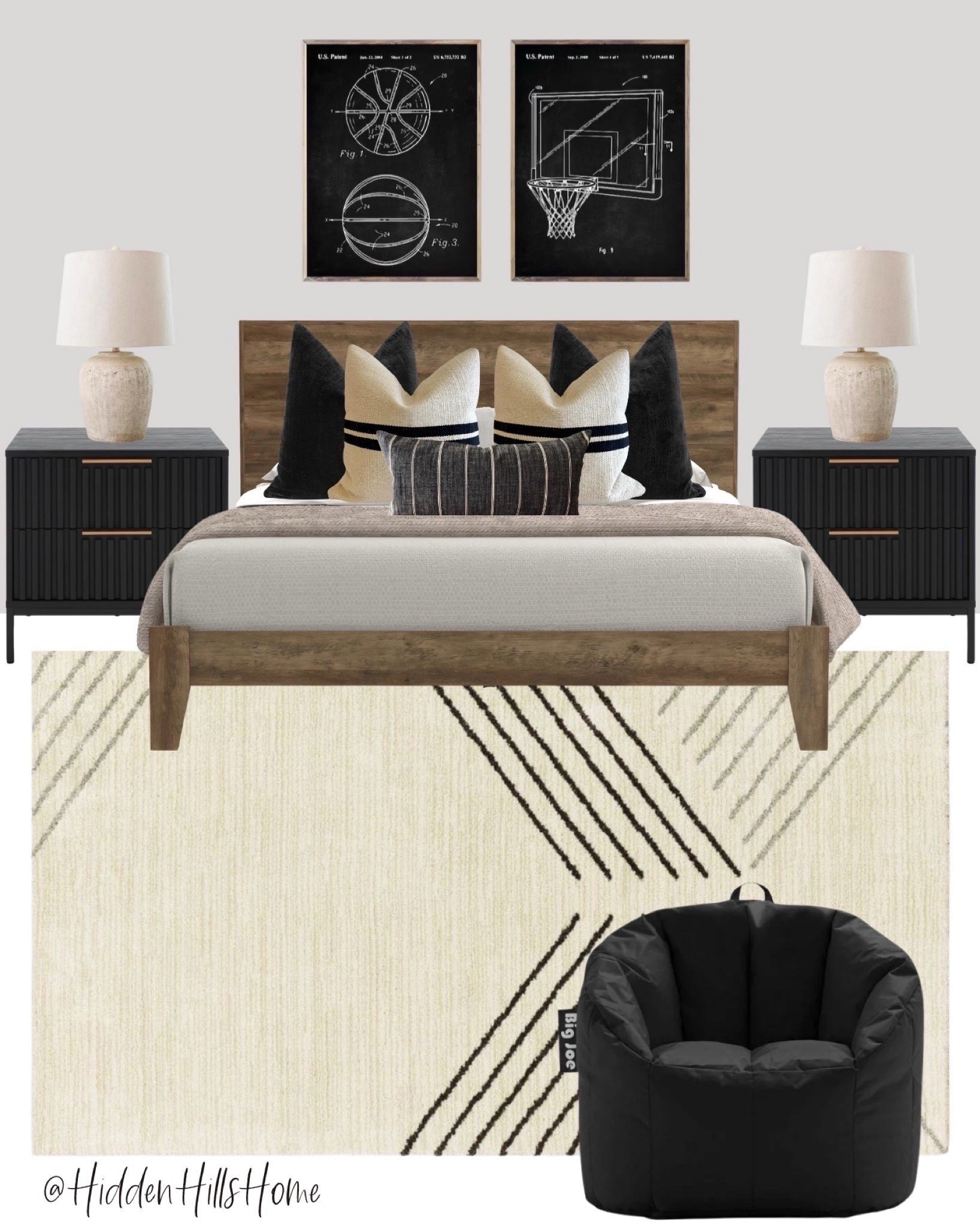 Modern transitional boys bedroom mood board, teen boys bedroom design, boys bedroom, boys bed, boys bedroom rug #boysroom #teen