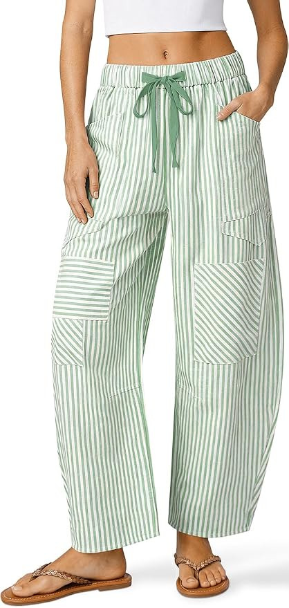 TARSE Women's Striped Linen Barrel Pants Wide Leg Drawstring Baggy Summer Beach Lounge Pants with... | Amazon (US)