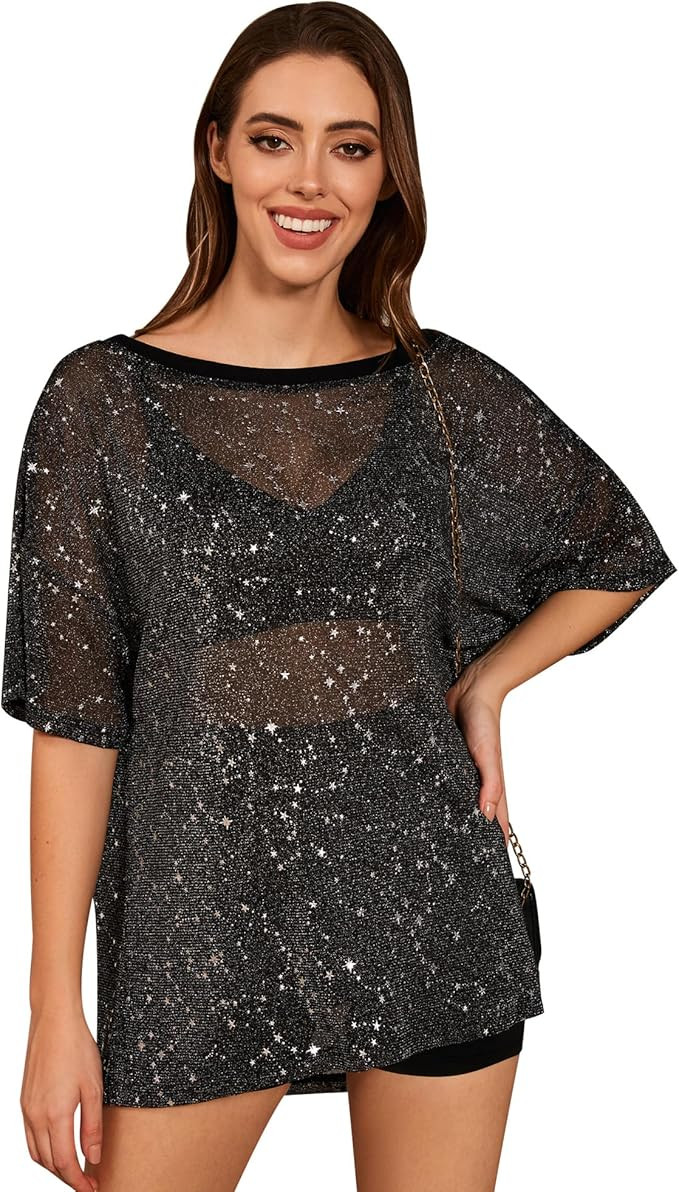 QIANXIZHAN Sparkle and Shine with Women's T Shirt Glitter Sheer See Through Sleeve Mesh Top Tee B... | Amazon (US)