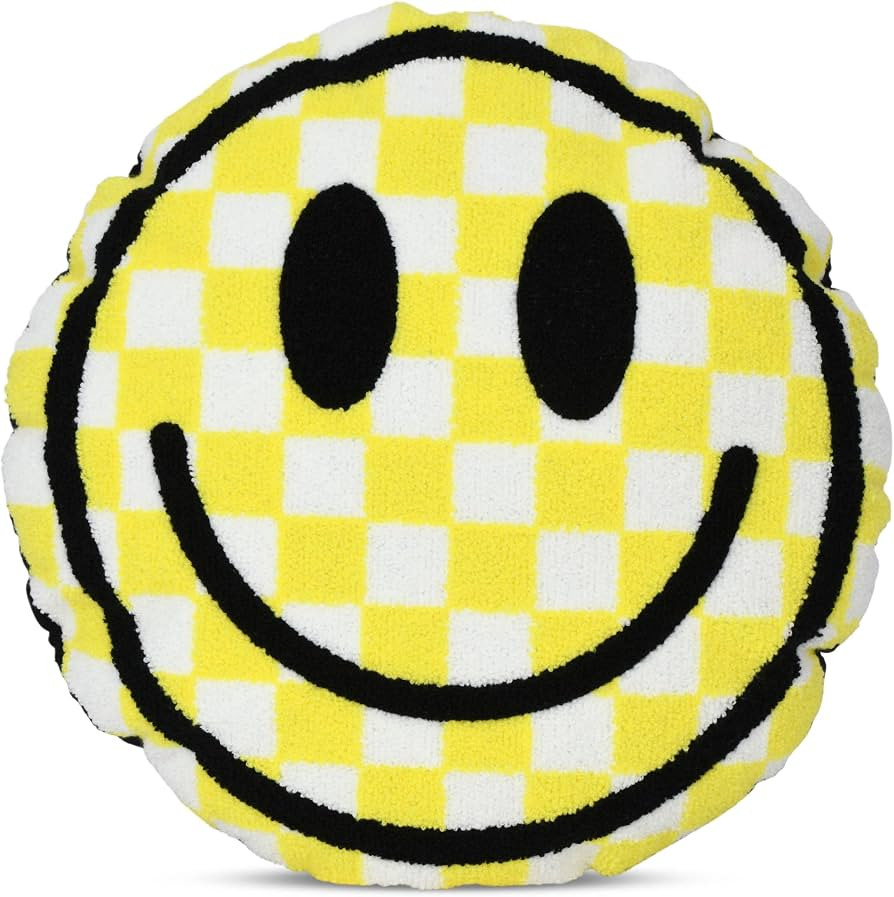 iscream Chenille Smiley Face 14" x 14" Round Accent Pillow - Yellow Checker | Amazon (US)