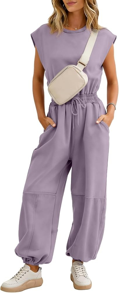 Flygo Womens Casual Jumpsuit Crewneck Cap Sleeve Long Wide Leg Pants One Piece Outfits Drawstring... | Amazon (US)