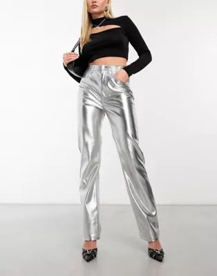 Abercrombie & Fitch metallic 90s straight faux leather trouser in silver | ASOS (Global)