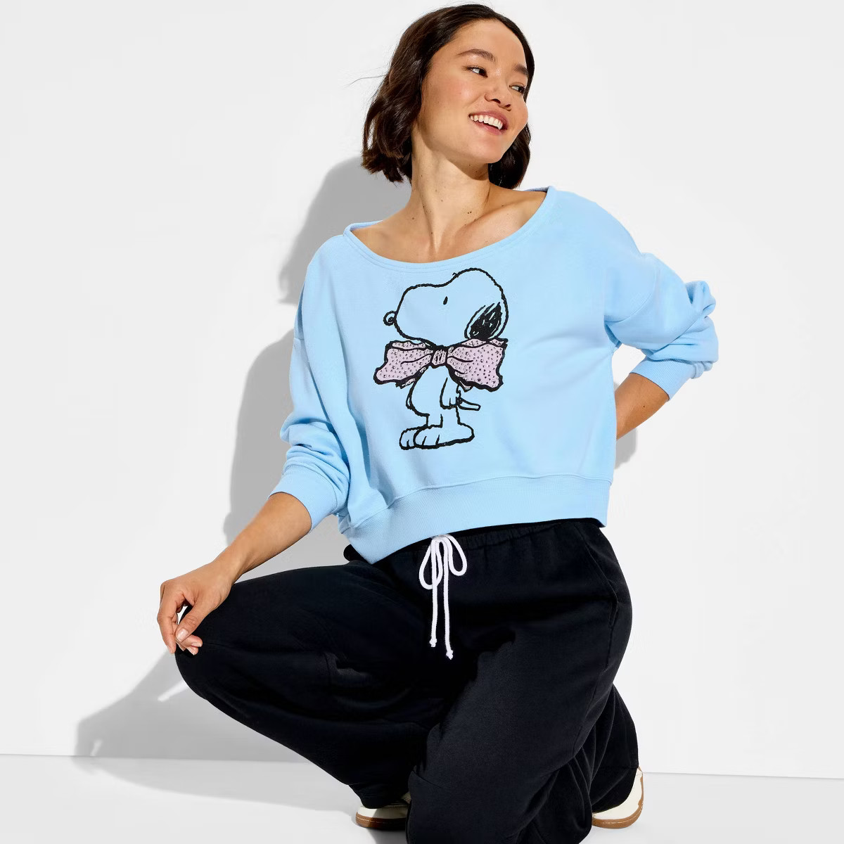 Women's Snoopy Bow Graphic Pullover Sweatshirt - Blue | Target