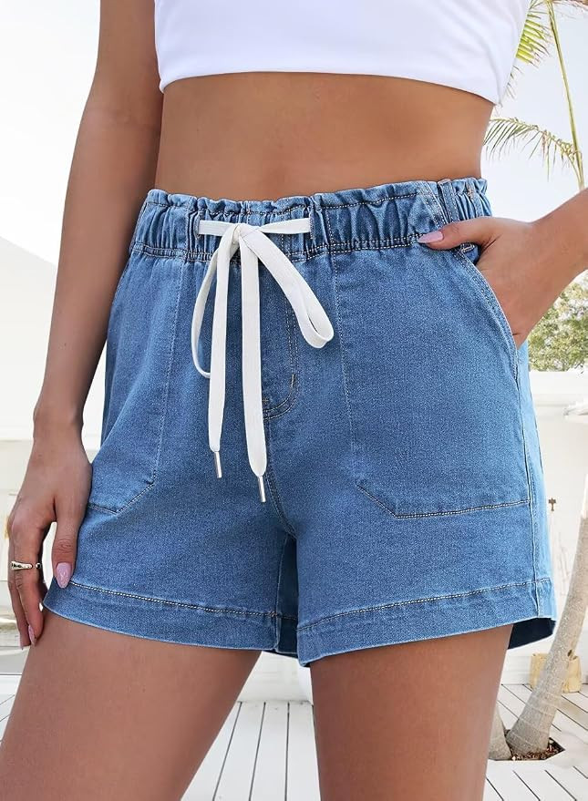 FEKOAFE Womens Stretchy Denim Shorts 2026 Summer Casual Drawstring Elastic Waist Jean Shorts with... | Amazon (US)