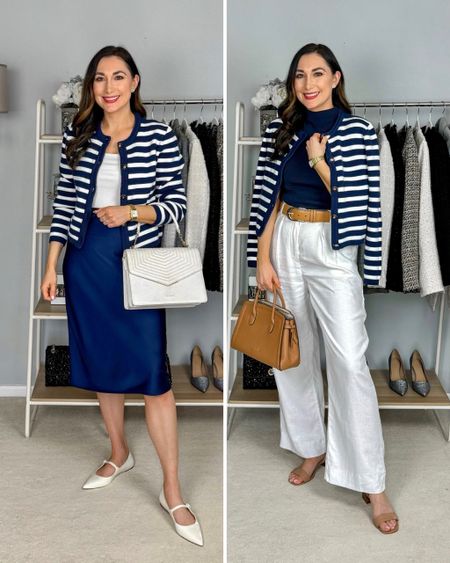 Left or Right?💙🤍

Outfit 1
Blue and white stripe cardigan size small, TTS (61% off)
Cream square neck bodysuit size small, TTS
Navy satin midi skirt size xs, size down if between sizes (60% off)
White pointed toe Mary Jane flats size 7, TTS 

Outfit 2
Blue and white striped cardigan size small, TTS (61% off)
Navy sleeveless mock neck top size small, TTS (extra 30% off)
White linen high rise wide leg pants 27 curve love, TTS (pants 15% off)
Tan ankle strap sandals (linked similar)


#LTKsalealert #LTKfindsunder100 #LTKstyletip