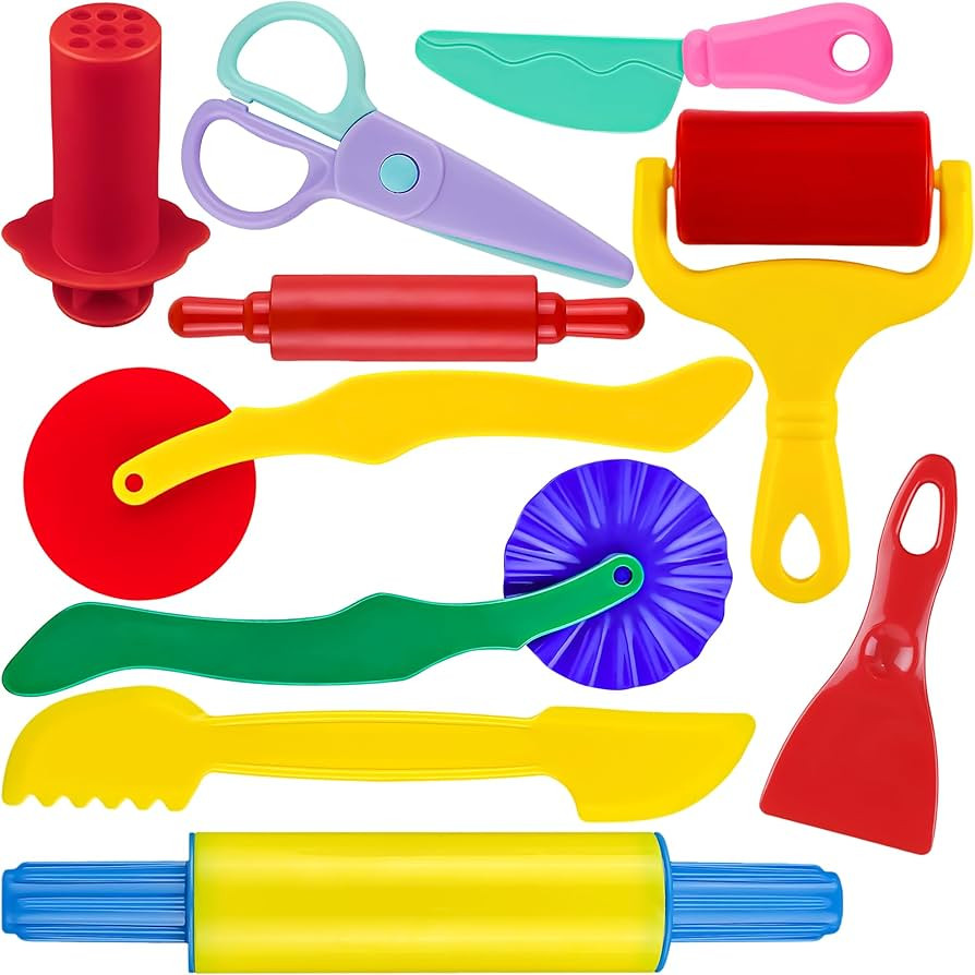 Dough Play Tools Set for Kids, 10 PCS Basic Dough Starter Set with Pizza Cutters, Safety Scissors... | Amazon (US)