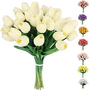 30 pcs Artificial Tulips Flowers Fake Latex Tulip Stems - Real Touch Faux Cream White Tulips Flow... | Amazon (US)
