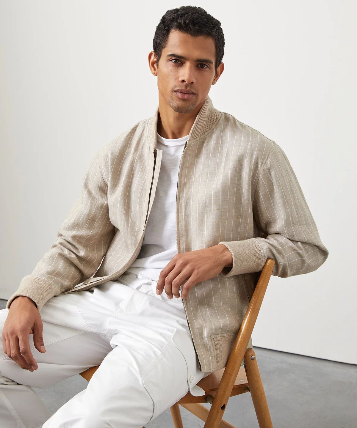 Italian Linen Varsity Jacket in Ecru Pinstripe | Todd Snyder