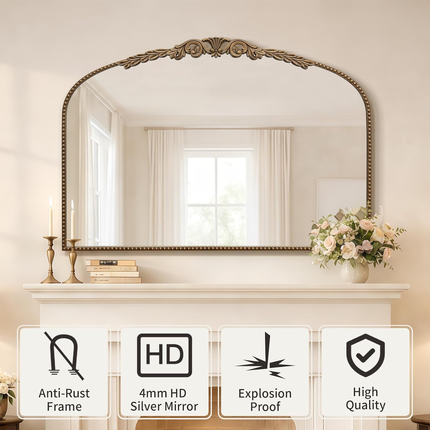 Besdomus Gold Large Fireplace Mirror: 48"x 33" Baroque Vintage Arched Mirror - Traditional Ornate... | Amazon (US)