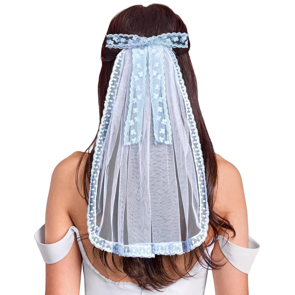 xo, Fetti Blue Lace Bride Bow Veil | Bachelorette Party Hairpiece, Bridal Shower Accessory, Bride... | Amazon (US)