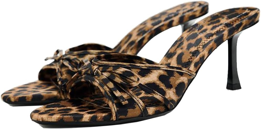 YIYA Women's Leopard Print Mules Heels with Bow Open Round Toe Stiletto High Heels Party Dress Sl... | Amazon (US)