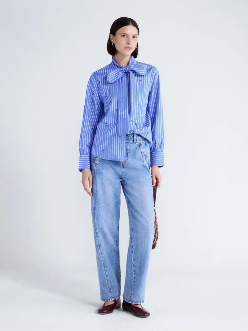 Free Assembly Women's and Women's Plus Beaded Tie Neck Cotton Shirt with Long Sleeves, Sizes XS-4... | Walmart (US)
