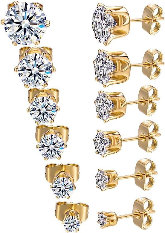 GEMSME 18K Yellow Gold Plated Round Cubic Zirconia Stud Earrings Pack of 6 | Amazon (US)