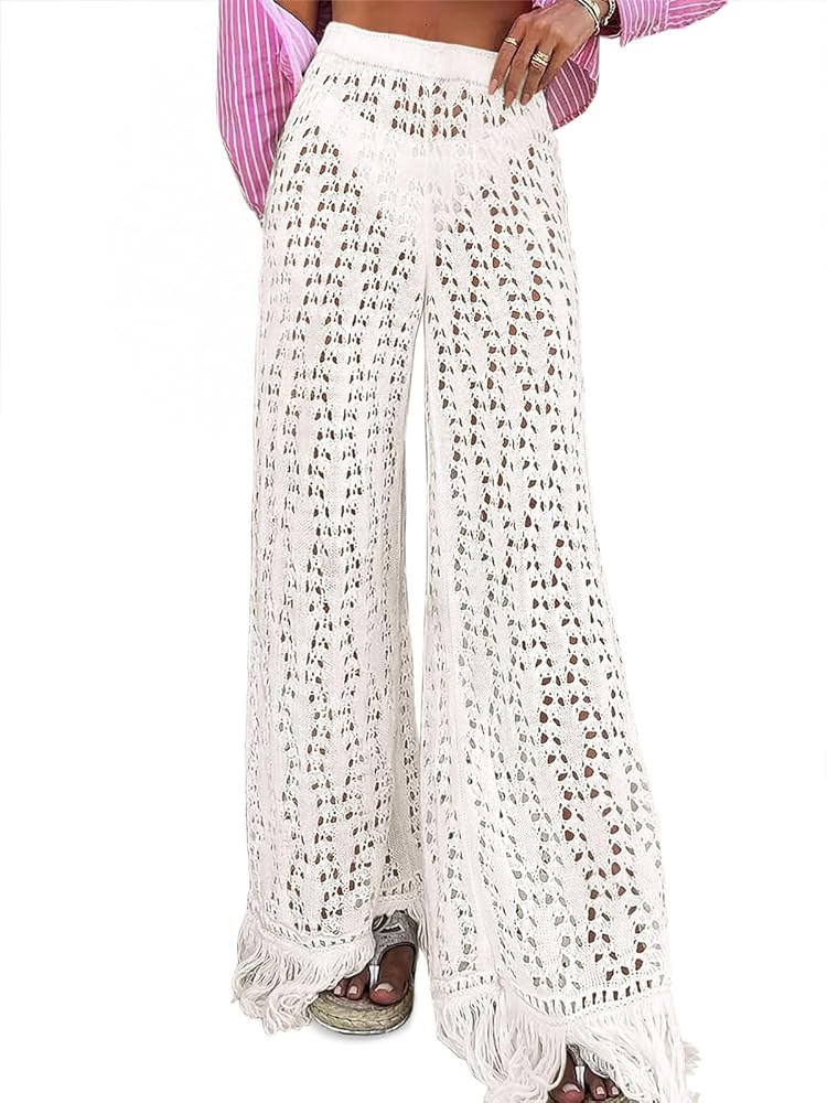 Fisoew Womens Crochet Cover Up Pants Casual Wide Leg High Waisted Hollow Out Tassel Summer Beach ... | Amazon (US)
