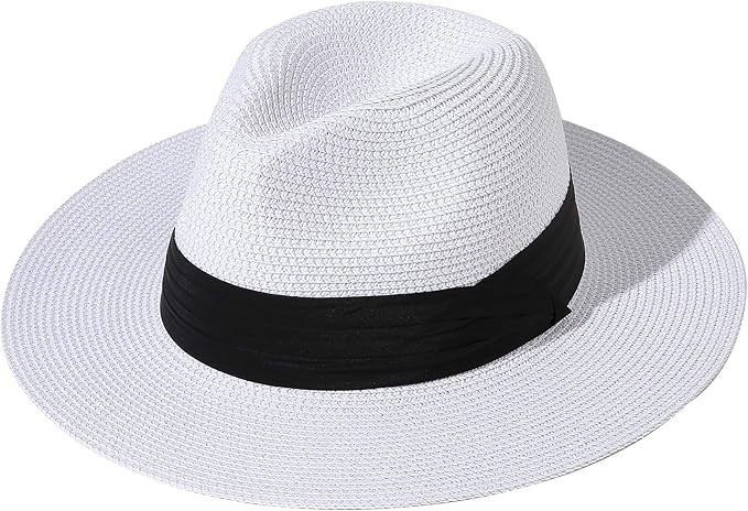Lanzom Women Wide Brim Straw Panama Roll up Hat Belt Buckle Fedora Beach Sun Hat UPF50+ | Amazon (US)