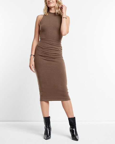 High Waisted Ruched Side Midi Sweater Skirt | Express