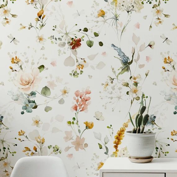 Garden Floral Wallpaper. Original Colors. Peel and Stick and | Etsy | Etsy (US)