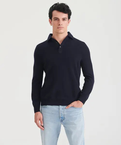 NAADAM Signature Cashmere Long Sleeve Polo in Navy at Nordstrom, Size Large | Nordstrom