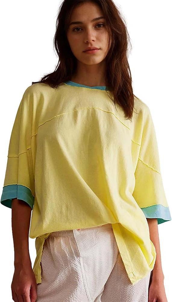 Ainangua Oversized Short Sleeve Shirts for Women Loose Fit Color Block Basic Avery Tee Casual Cut... | Amazon (US)