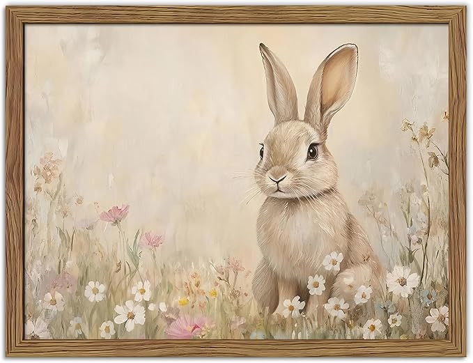 Easter Wall Art Poster Print, Rabbit in Spring Meadow with Flowers Canvas, Cottage Farmhouse Wall... | Amazon (US)