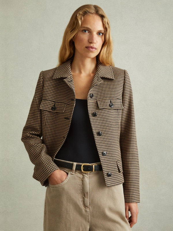 Lena Black/Camel Dogtooth Check Collared Jacket | Reiss UK