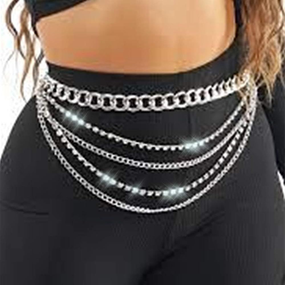Dresbe Boho Layered Body Chain Silver Rhinestones Belly Waist Chain Party Body Jewelry Accessorie... | Amazon (US)