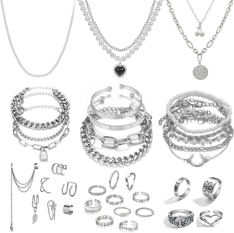 IFKM 36 PCS Silver Plated Jewelry Set with 3 PCS Necklace, 12 PCS Bracelet, 7 PCS Ear Cuffs Earri... | Amazon (US)