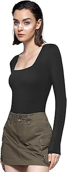 PUMIEY Women's Square Neck Long Sleeve Bodysuit Sexy Body Suit Tops Smoke Cloud Pro Collection | Amazon (US)