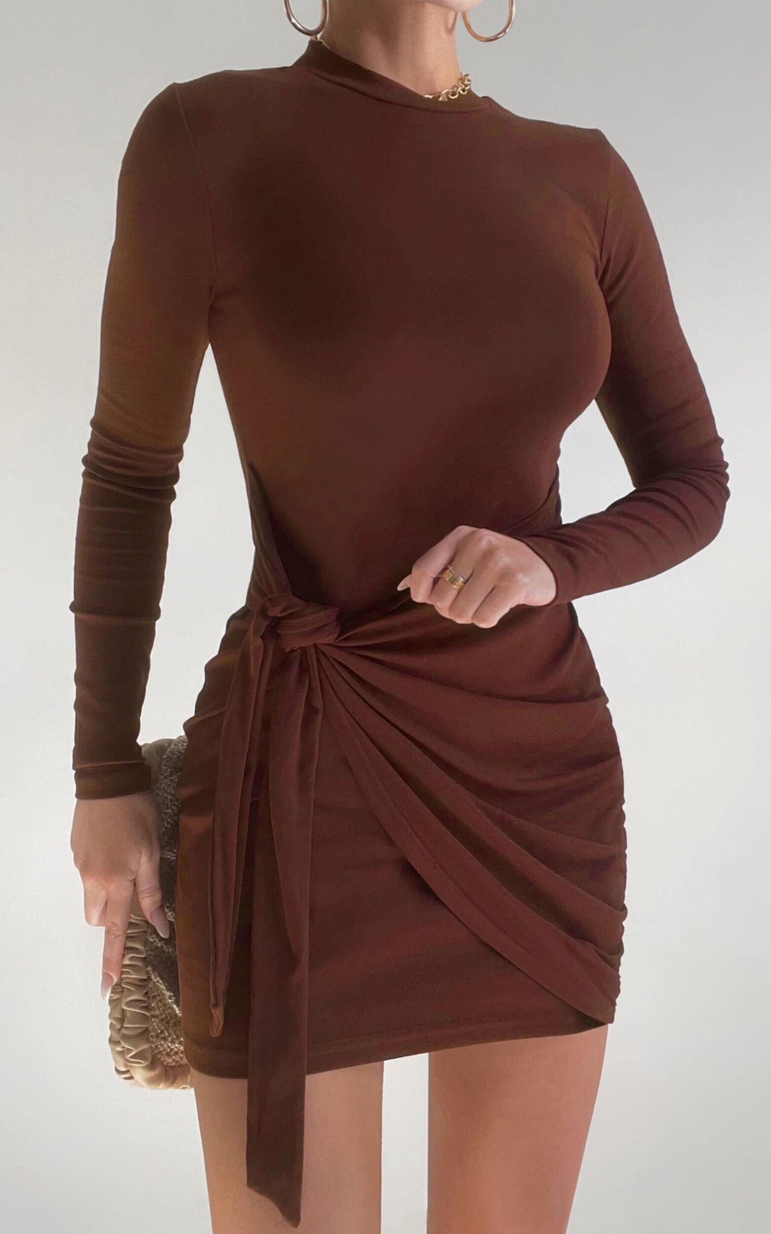 Marleen Mini Dress - Wrap Front Long Sleeve Bodycon Dress in Dark Oak | Showpo (US, UK & Europe)