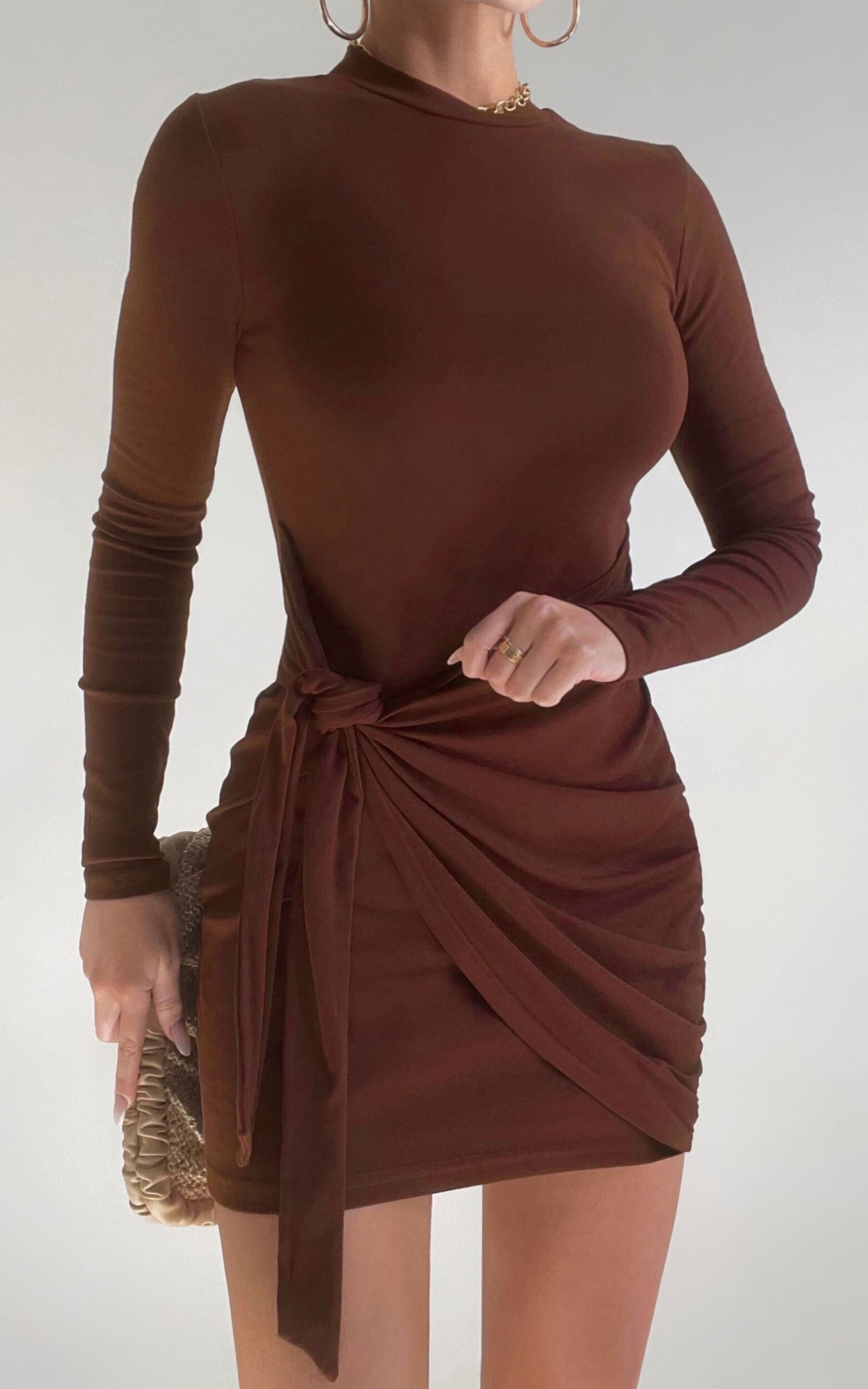 Marleen Mini Dress - Wrap Front Long Sleeve Bodycon Dress in Dark Oak | Showpo (US, UK & Europe)
