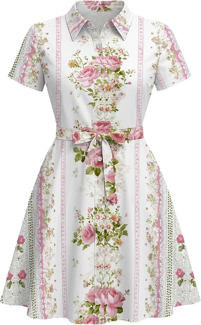 Women's Fashion Button Up Split Dresses Short Sleeve Casual Floral Print Midi Dress A-Line Swing ... | Amazon (US)
