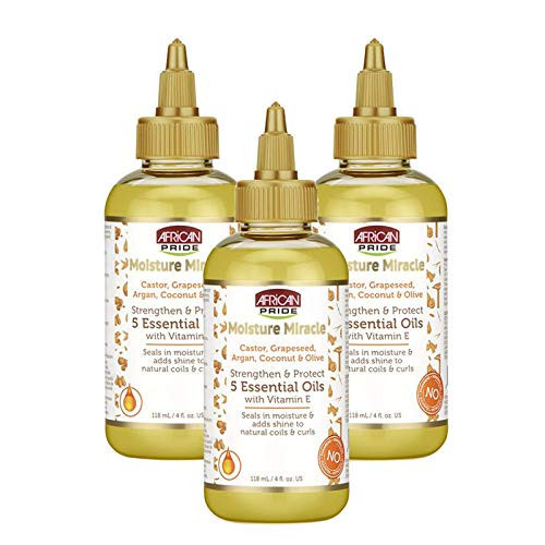 African Pride Moisture Miracle 5 Essential Oils - Contains Castor, Grapeseed, Argan, Coconut & Olive Oil, Seals in Moisture & Adds Shine, Vitamin E, 4 oz (3 Pack) | Amazon (US)