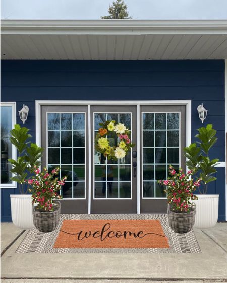Front door and porch decor layered doormat welcome mat outdoor rug woven wicker rattan planters outdoor tables faux artificial silk spiral topiary trees plants hydrangea wreath color white wreath flowers modern farmhouse style Amazon target Walmart nearly natural home decor affordable finds and deals Fiddle fig leaf tree uv rated outdoor sun resistant bougainvillea tree flower

#LTKSeasonal #LTKFind #LTKhome
