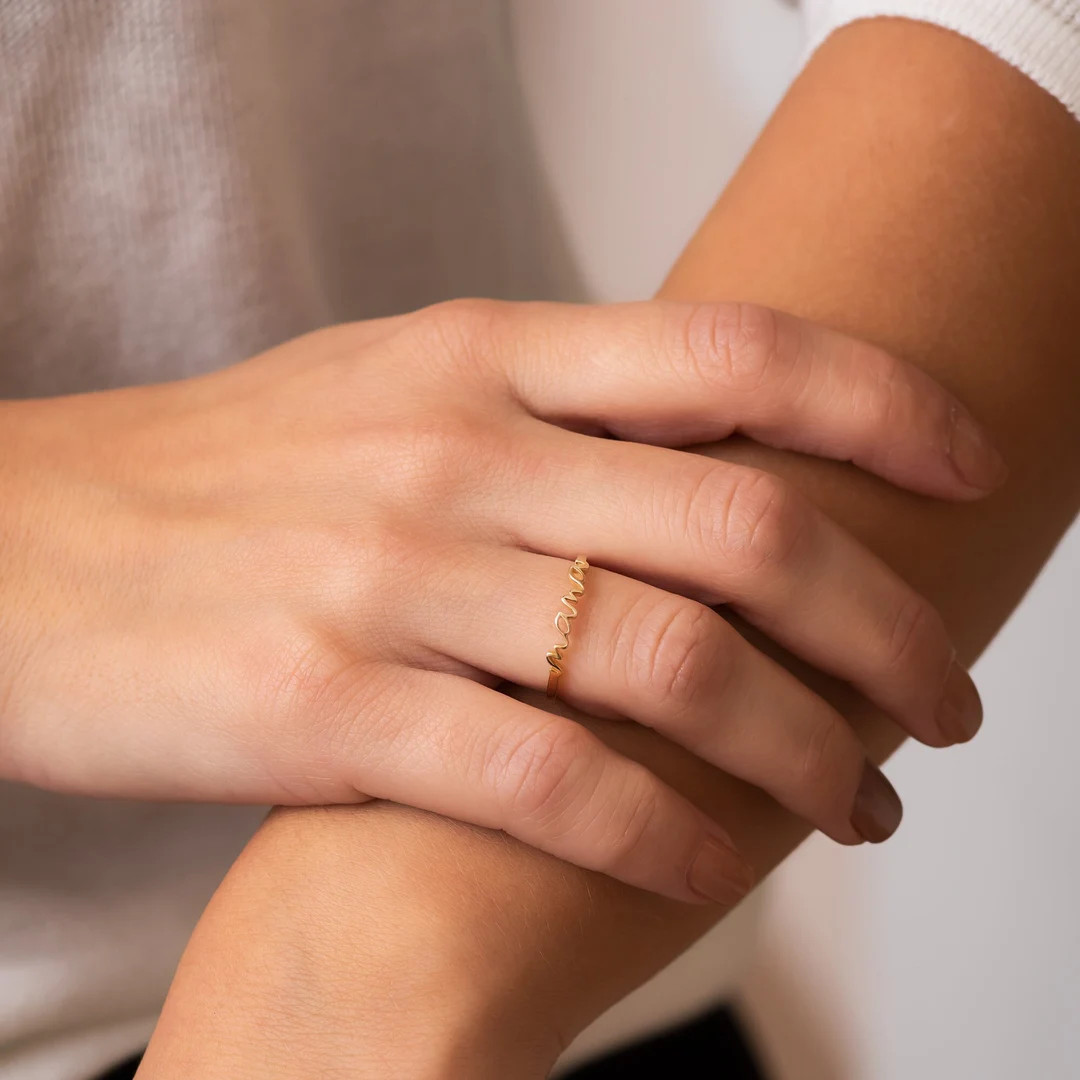 Dainty 10K 14K 18K Solid Gold Mama Ring, Handwriting Script Font Mama Ring With CZ Birthstone - E... | Etsy (US)