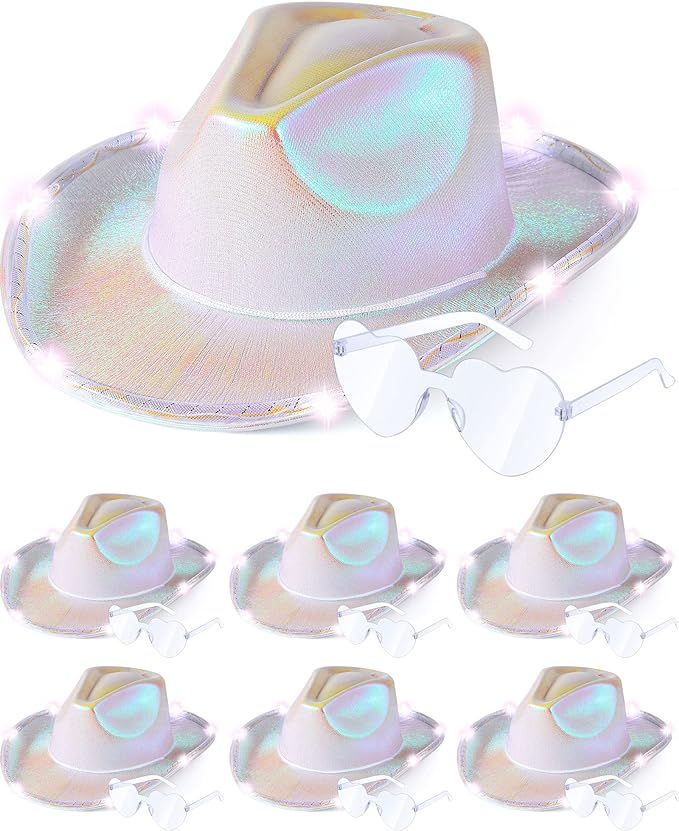 Jecery 12 Pcs Light Holographic Space Cowgirl Hat and Heart Shape Sunglasses LED Rave Cowboy Hat ... | Amazon (US)