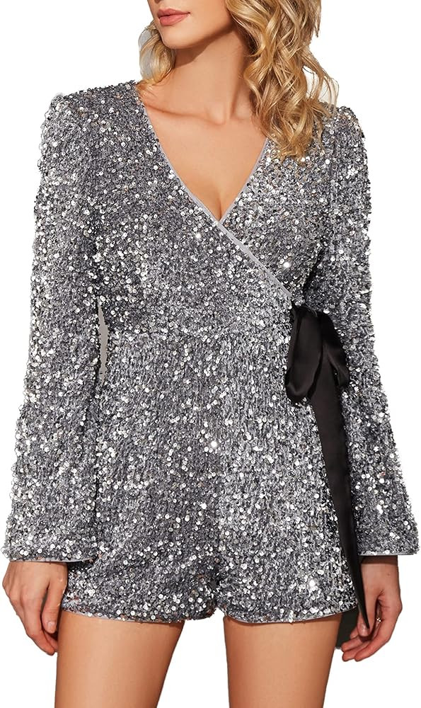 EXTRO&VERT Sequin Romper for Women, Sparkly One Piece Long Sleeve Disco Party Jumpsuit Outfit | Amazon (US)