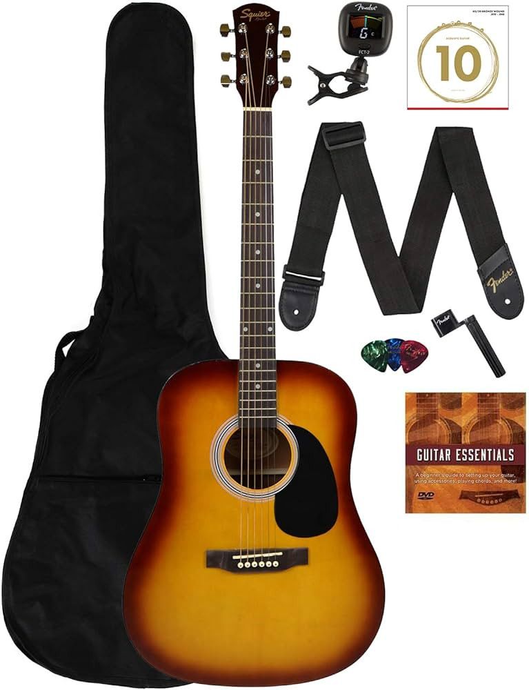 Fender Squier Dreadnought Acoustic Guitar - Sunburst Learn-to-Play Bundle with Gig Bag, Tuner, St... | Amazon (US)