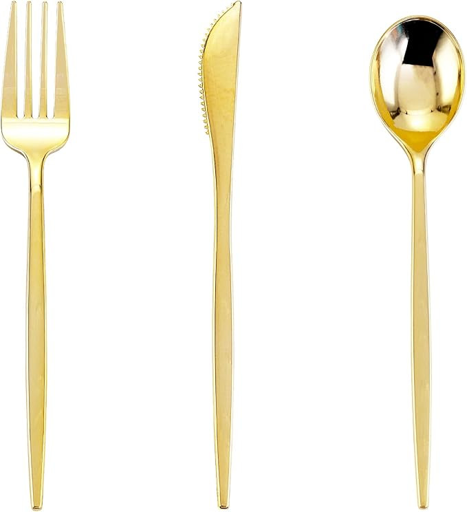 PULOTE 150PCS Thanksgiving Gold Plastic Silverware Disposable - Heavy Duty Gold Plastic Cutlery -... | Amazon (US)
