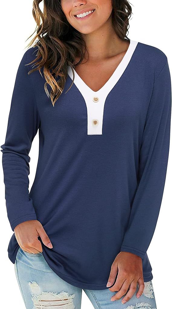 KILIG Women's Casual Long Sleeve Henley T Shirts V Neck Button Loose Tunic Top Blouse | Amazon (US)