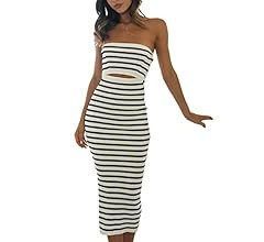 NUFIWI Women Summer Strapless Knitted Long Dress Off Shoulder Striped Cutout Midi Dress Bodycon B... | Amazon (US)