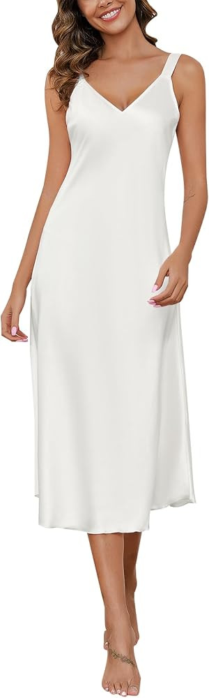 ouansyltg Women Long Satin Nightgown Silk Slips Dress Sexy V Neck Sleepwear Sleeveless Nightshirt... | Amazon (US)
